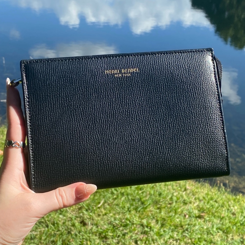 Henri Bendel Black Leather Zippered Clutch